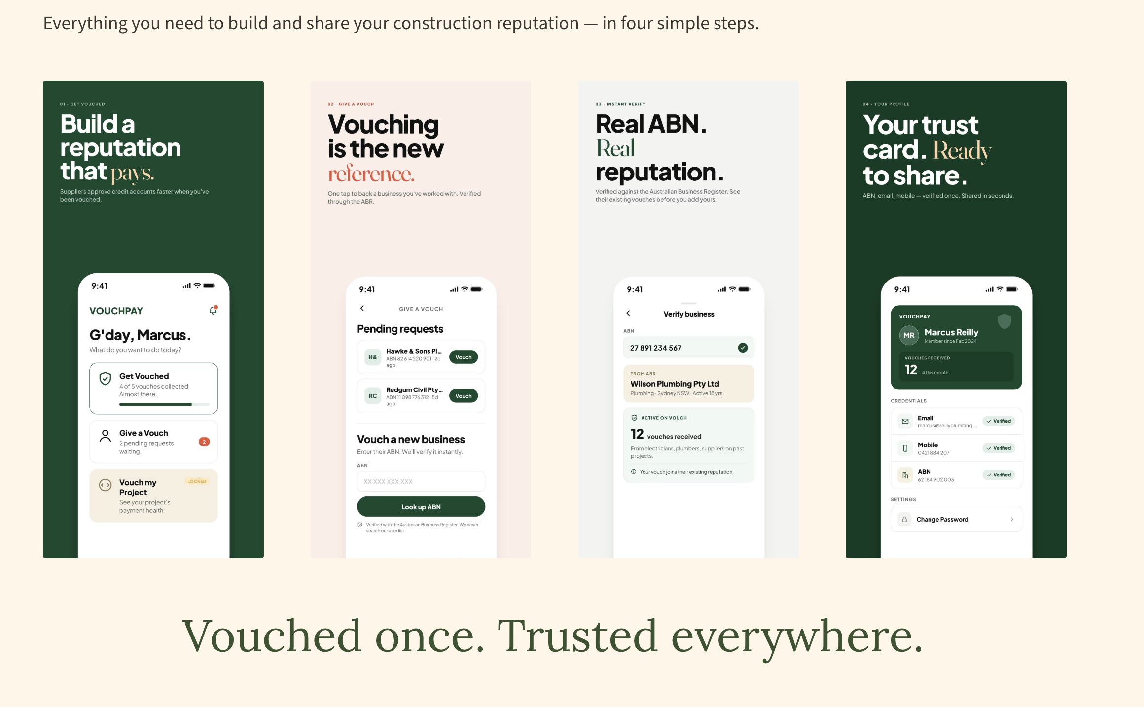 Everything you need to build and share your construction reputation, in four simple steps. Four VouchPay app screens shown side by side: build a reputation that pays, vouching is the new reference, real ABN and real reputation, and your trust card ready to share. Vouched once. Trusted everywhere.